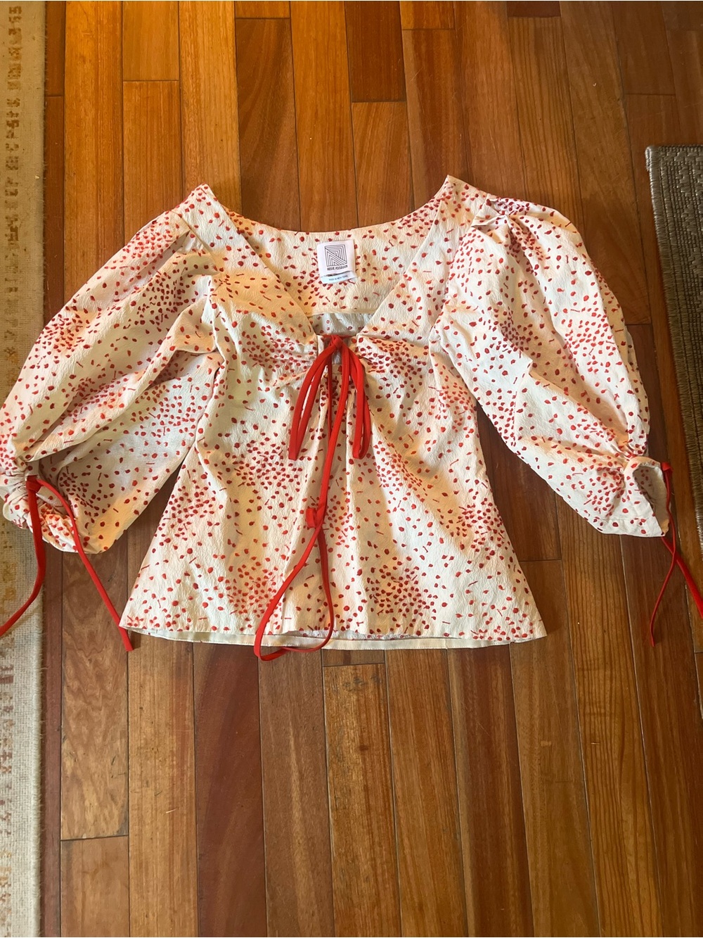 Rosie assoulin Cream Puff-Sleeve Peasant Top with Red Dot Print